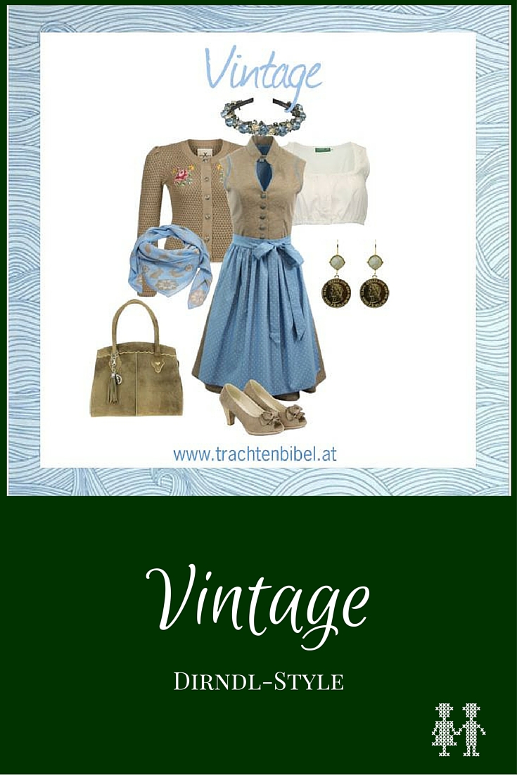 Das Baumwolldirndl in Taupe und Blau wird mit passenden Accessoires zu einem wunderbaren Vintage-Look.