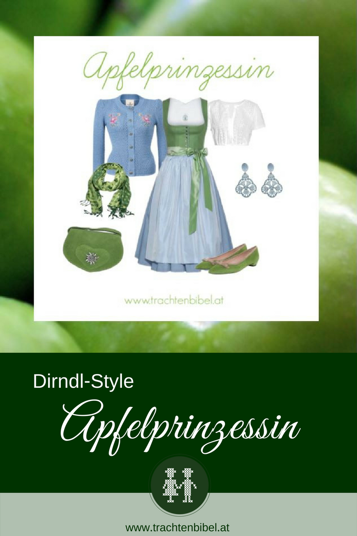 Frühlingsfrisch in Hellgrün und Hellblau ist unser Dirndl-Style Apfelprinzessin. Das Dirndl von Tostmann wird mit passenden Accessoires zum echten Hingucker. #dirndlstyle #dirndltipp